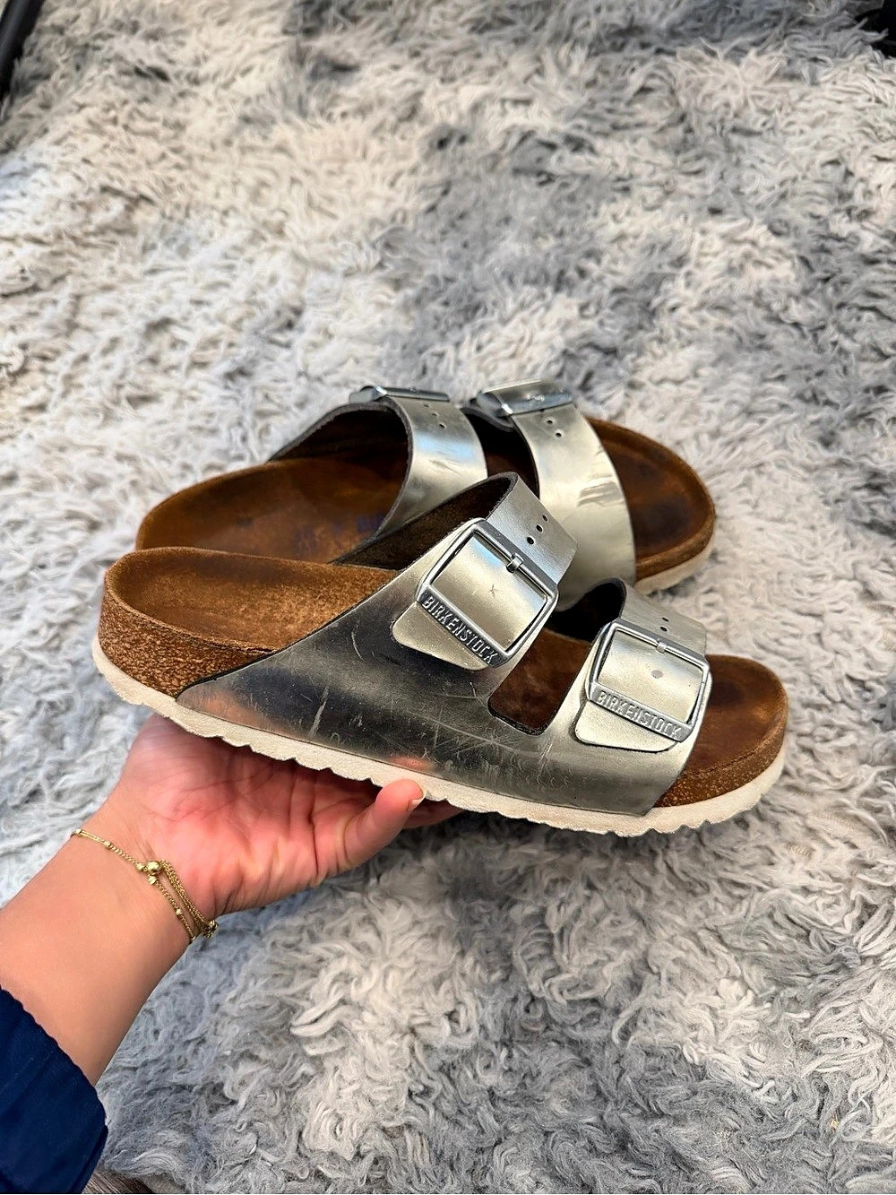 Birkenstock Arizona Metallic Silver Sandals - Size 38